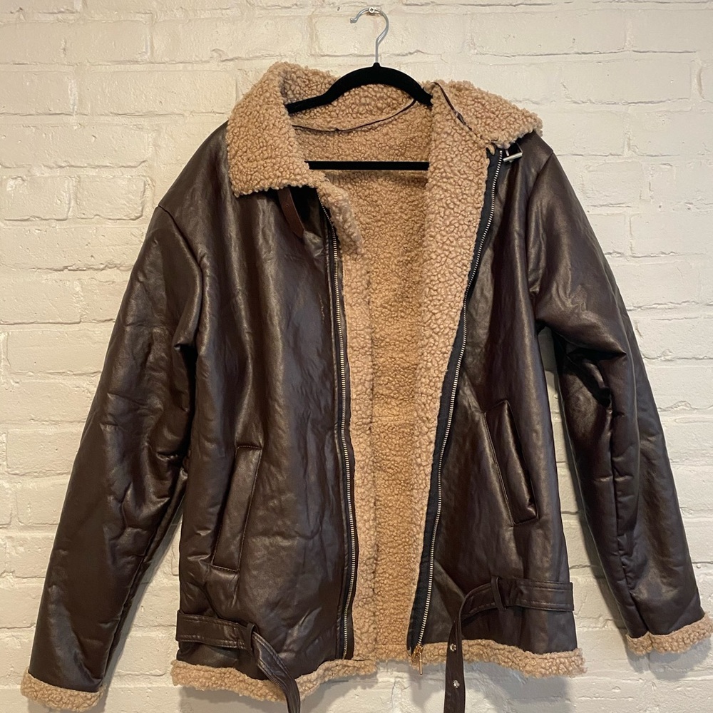 Wool lined Vegan Leather bomber jacket (Brown)